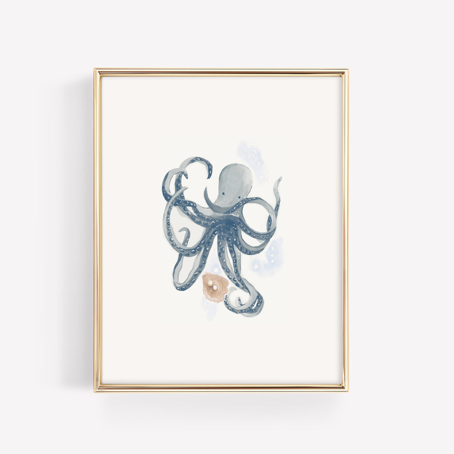 A whimsical watercolor octopus in soft teal holding a delicate oyster shell with a glowing pearl, displayed in a minimalist gold frame for a magical ocean nursery.