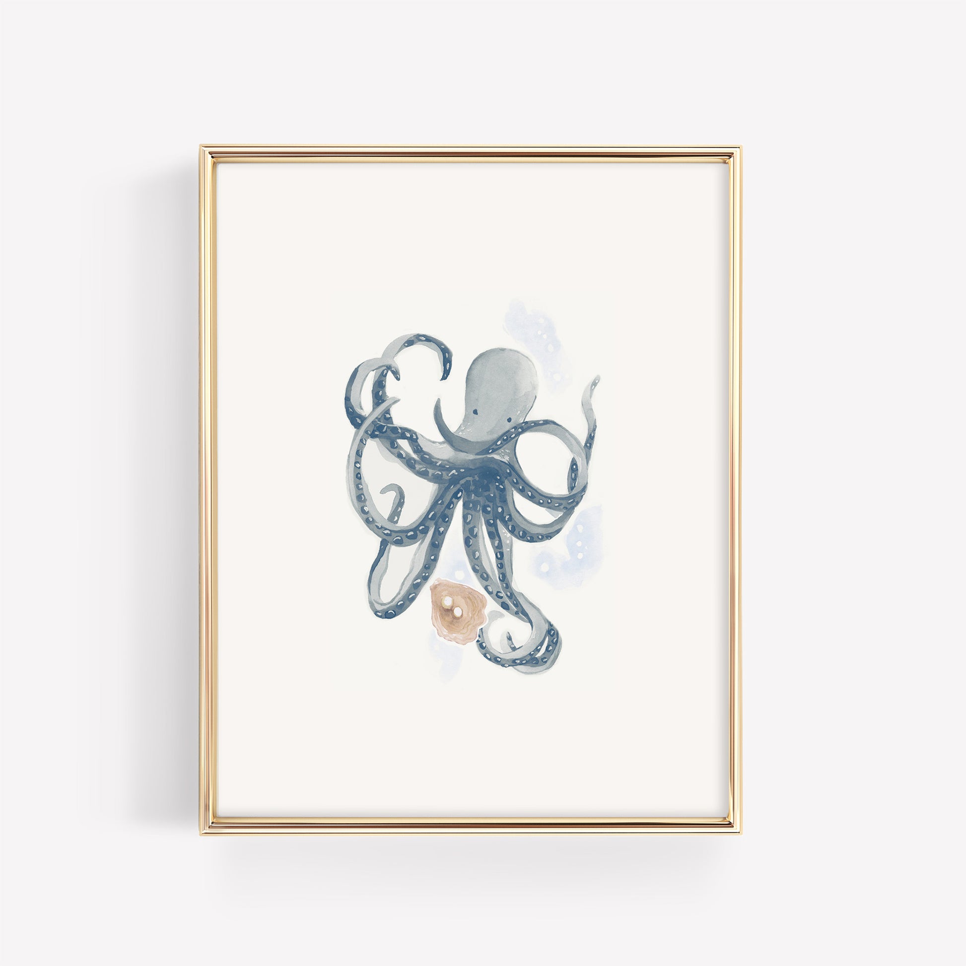 A whimsical watercolor octopus in soft teal holding a delicate oyster shell with a glowing pearl, displayed in a minimalist gold frame for a magical ocean nursery.