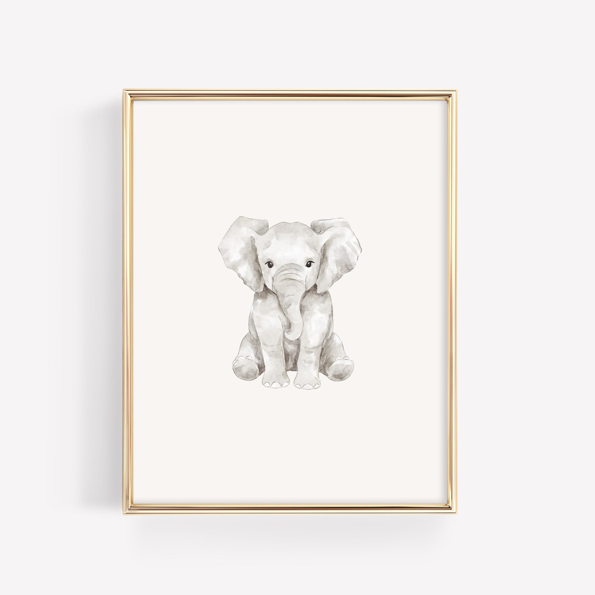 Single watercolor baby elephant nursery wall art, coordinating safari animal print for a 6-piece gallery set.
