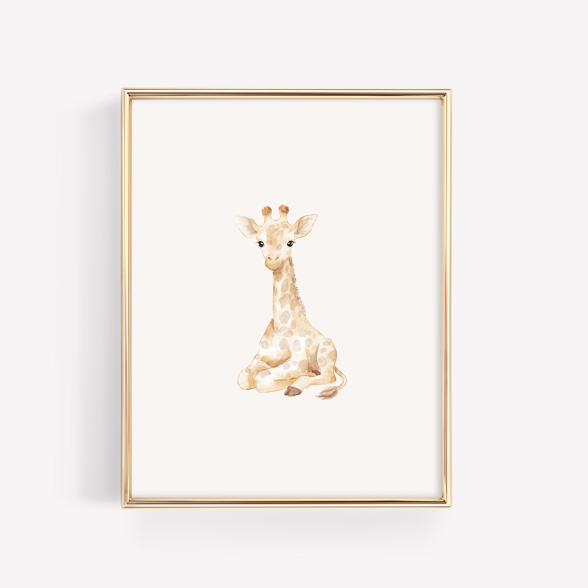Watercolor baby giraffe nursery print in neutral tones, individual piece for a safari themed 6-print gallery wall.