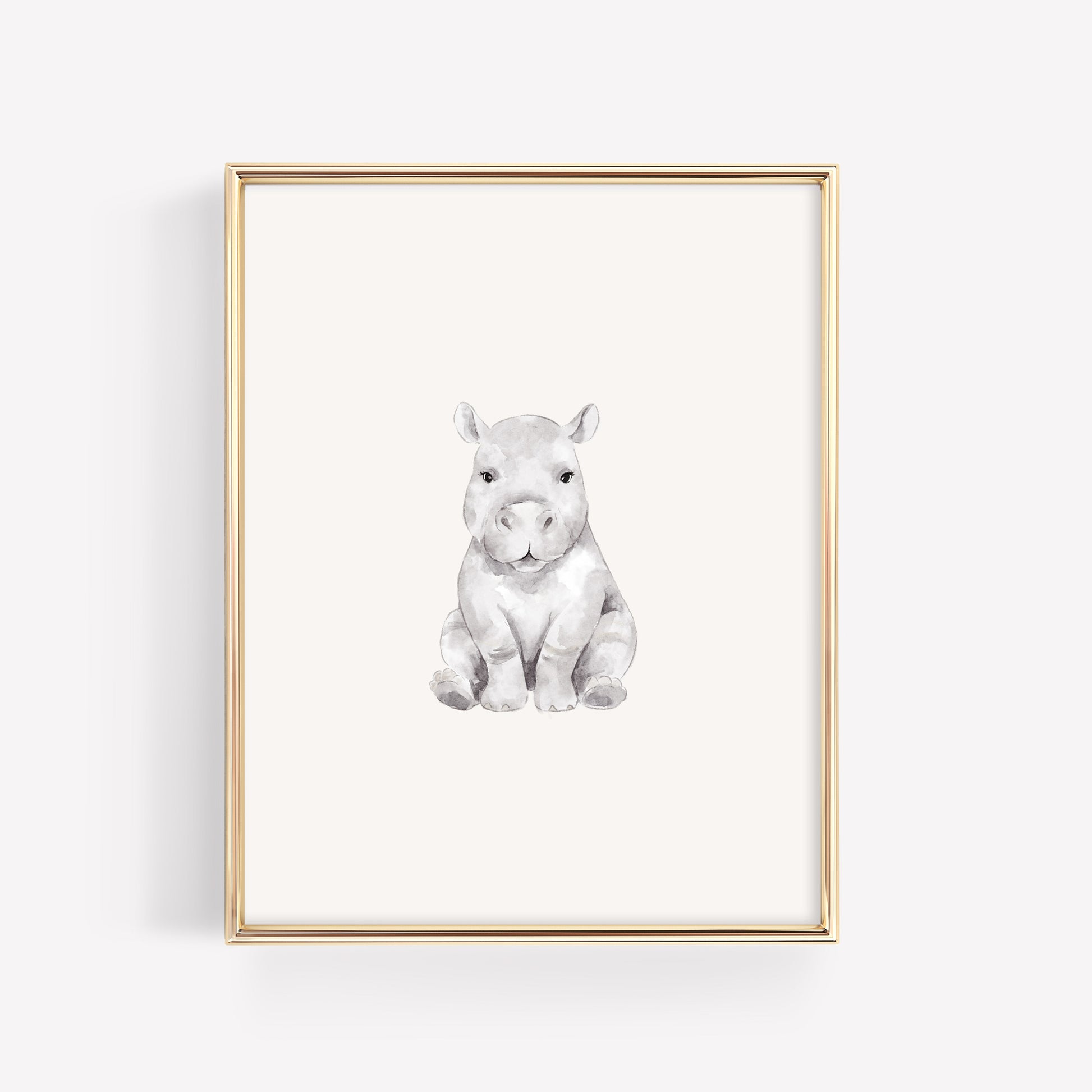 Single watercolor baby hippo nursery print, coordinating jungle animal wall art for a safari gallery wall set.