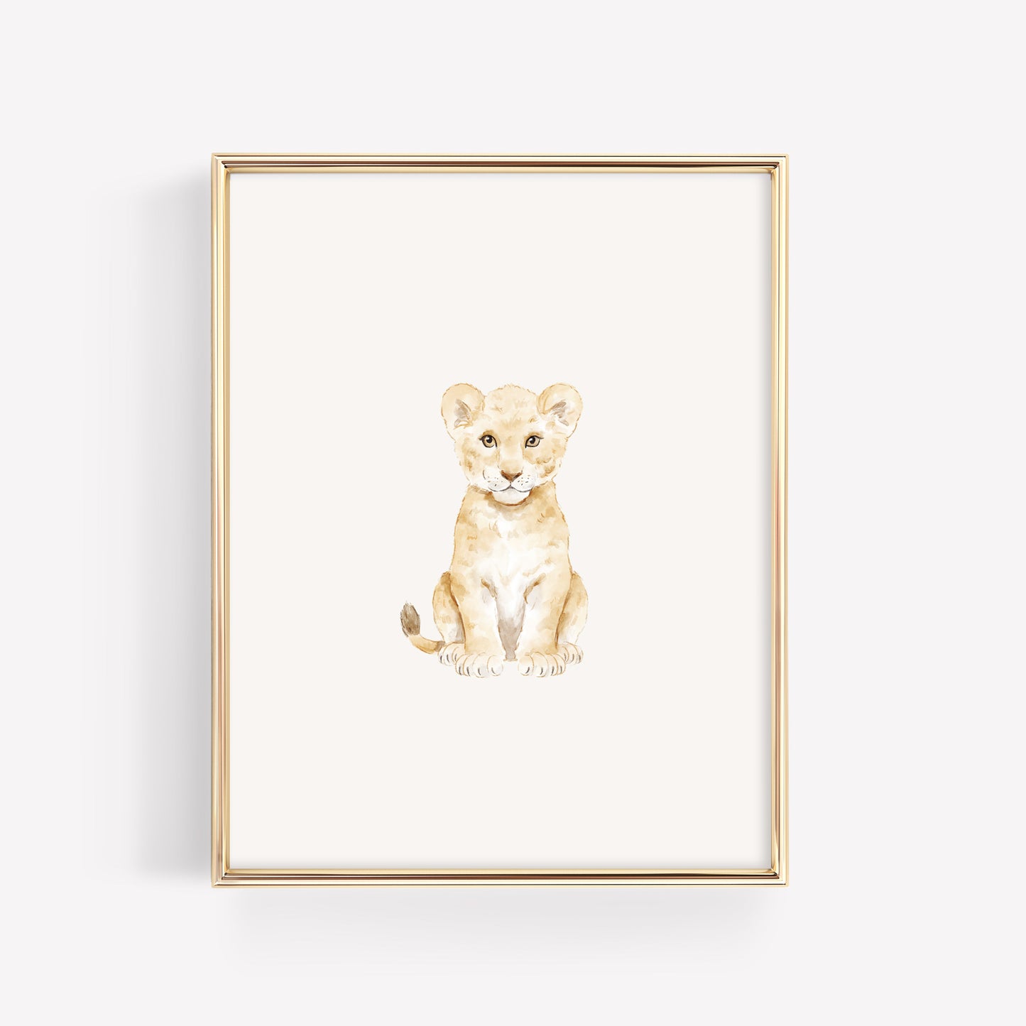 Individual watercolor baby lion nursery print, part of a set of 6 safari animal gallery wall art prints.