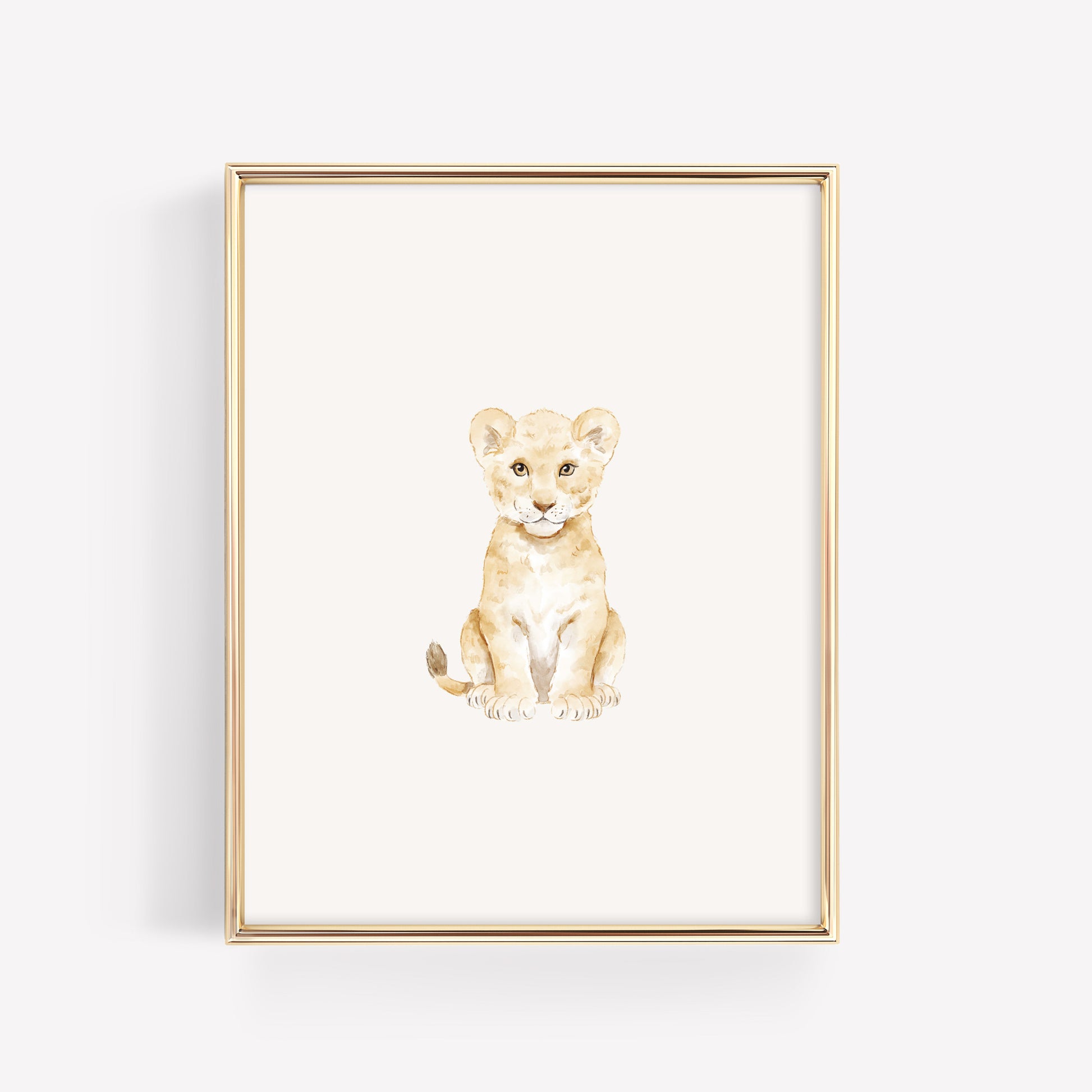 Individual watercolor baby lion nursery print, part of a set of 6 safari animal gallery wall art prints.