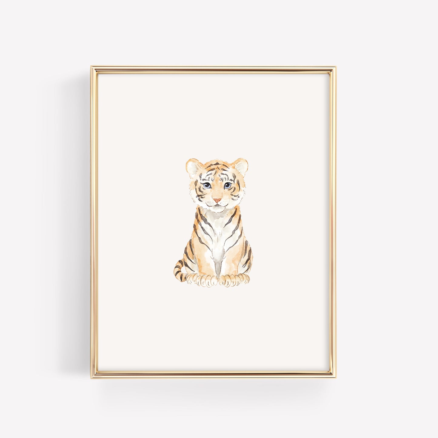 Watercolor baby tiger nursery wall art, individual safari animal print from a coordinated set of 6 nursery prints.