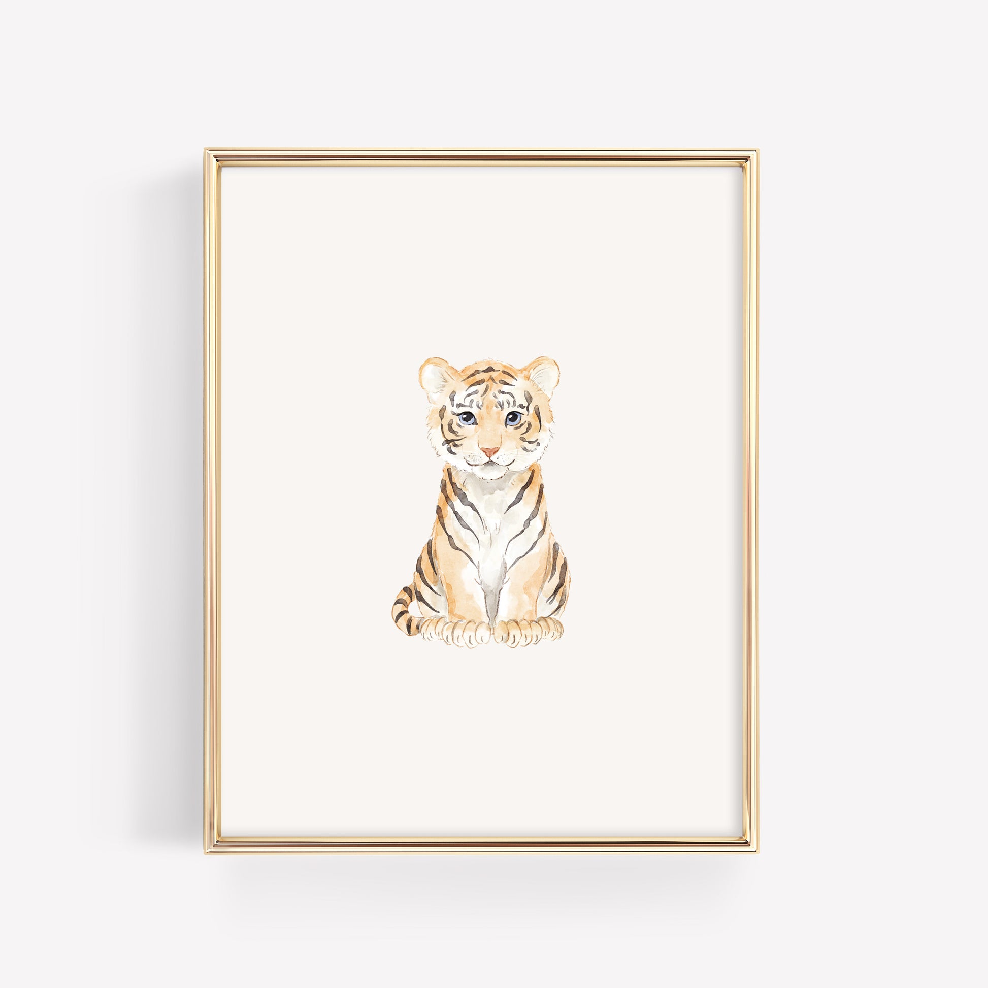 Watercolor baby tiger nursery wall art, individual safari animal print from a coordinated set of 6 nursery prints.