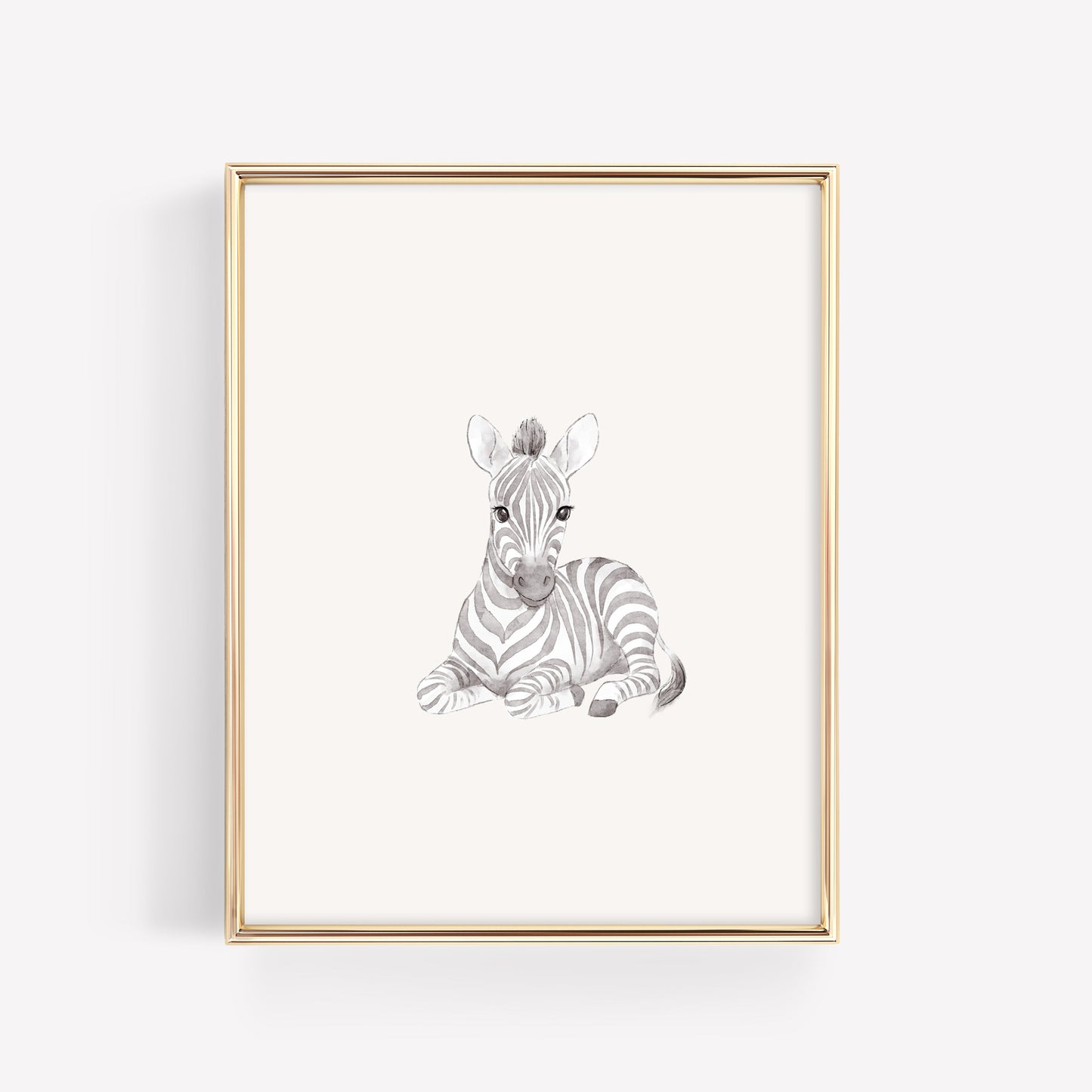 Individual watercolor baby zebra nursery art print, neutral safari animal decor for a 6-piece baby room set.
