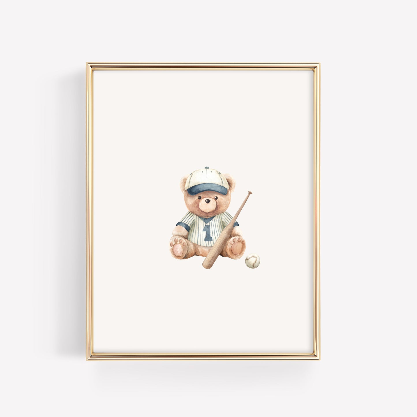 Individual watercolor teddy bear nursery print dressed in a vintage baseball uniform with a mitt and ball. Classic sports themed boy's room decor.