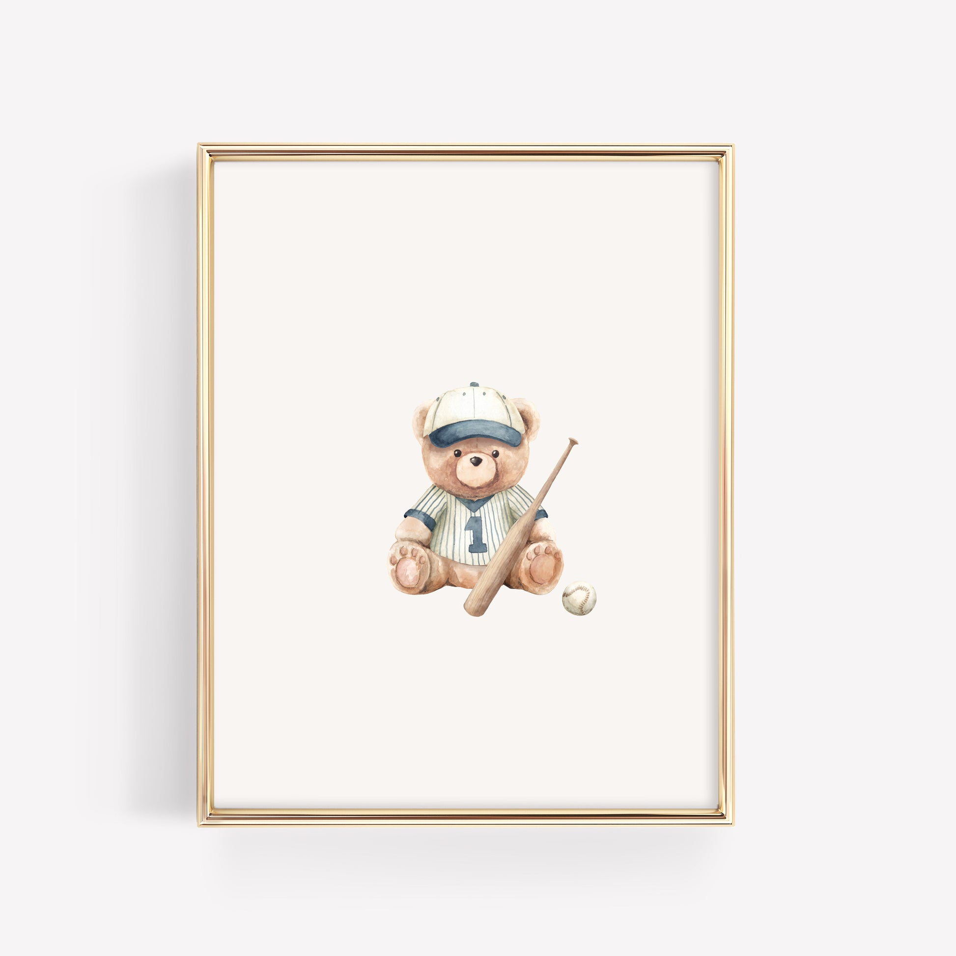 Individual watercolor teddy bear nursery print dressed in a vintage baseball uniform with a mitt and ball. Classic sports themed boy's room decor.