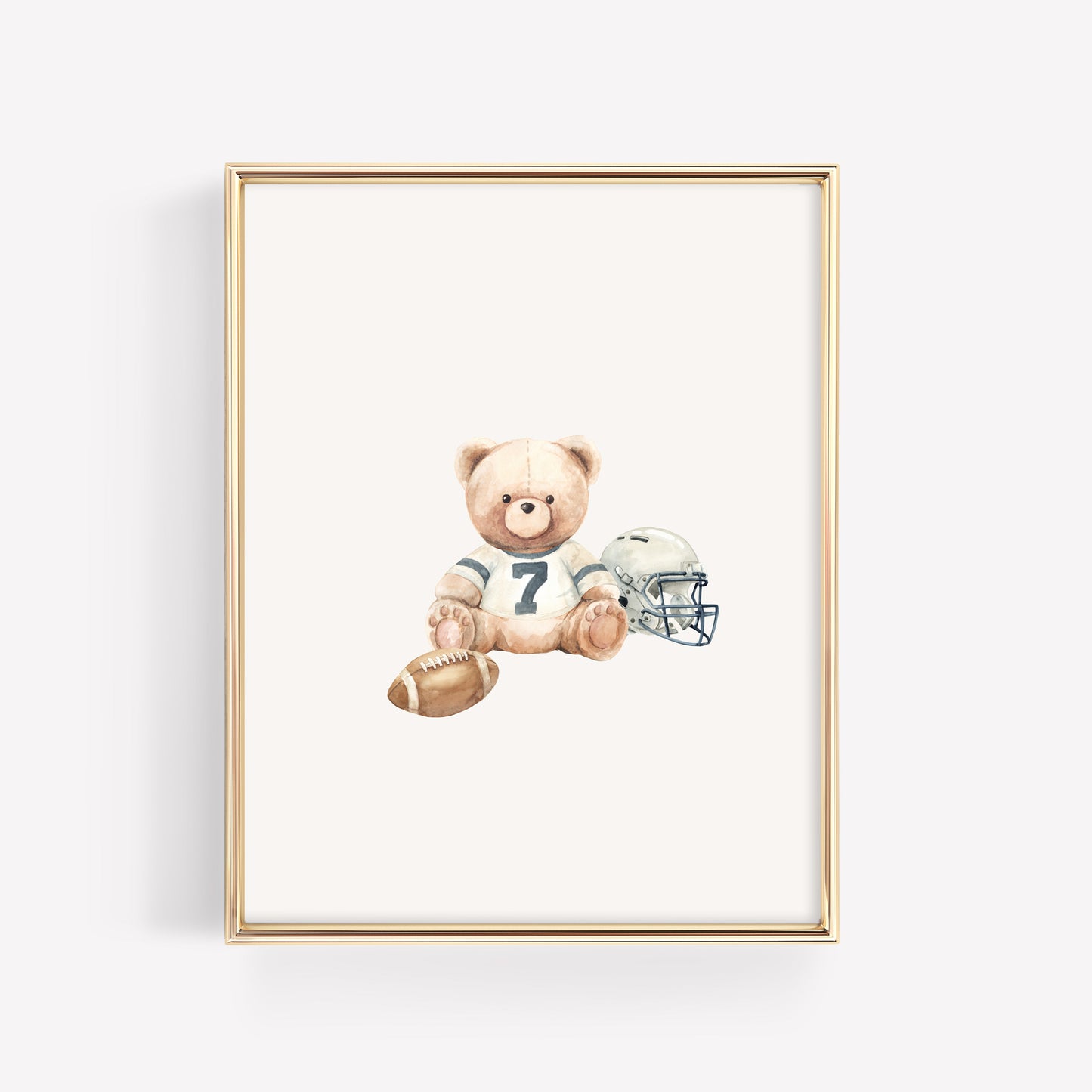 Watercolor teddy bear nursery wall art featuring a bear with a football and vintage jersey. Coordinating piece for a 3-print varsity sports collection.