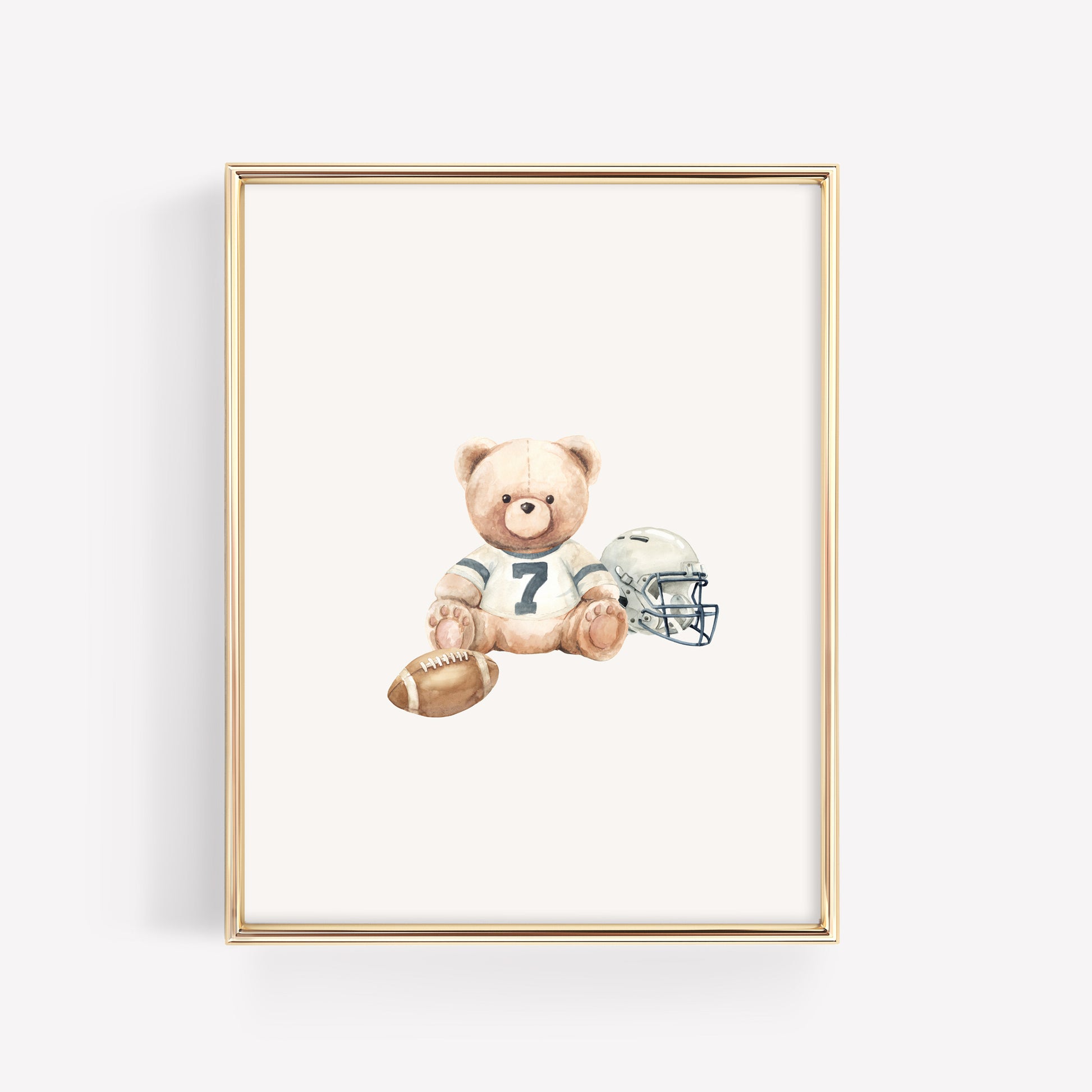 Watercolor teddy bear nursery wall art featuring a bear with a football and vintage jersey. Coordinating piece for a 3-print varsity sports collection.