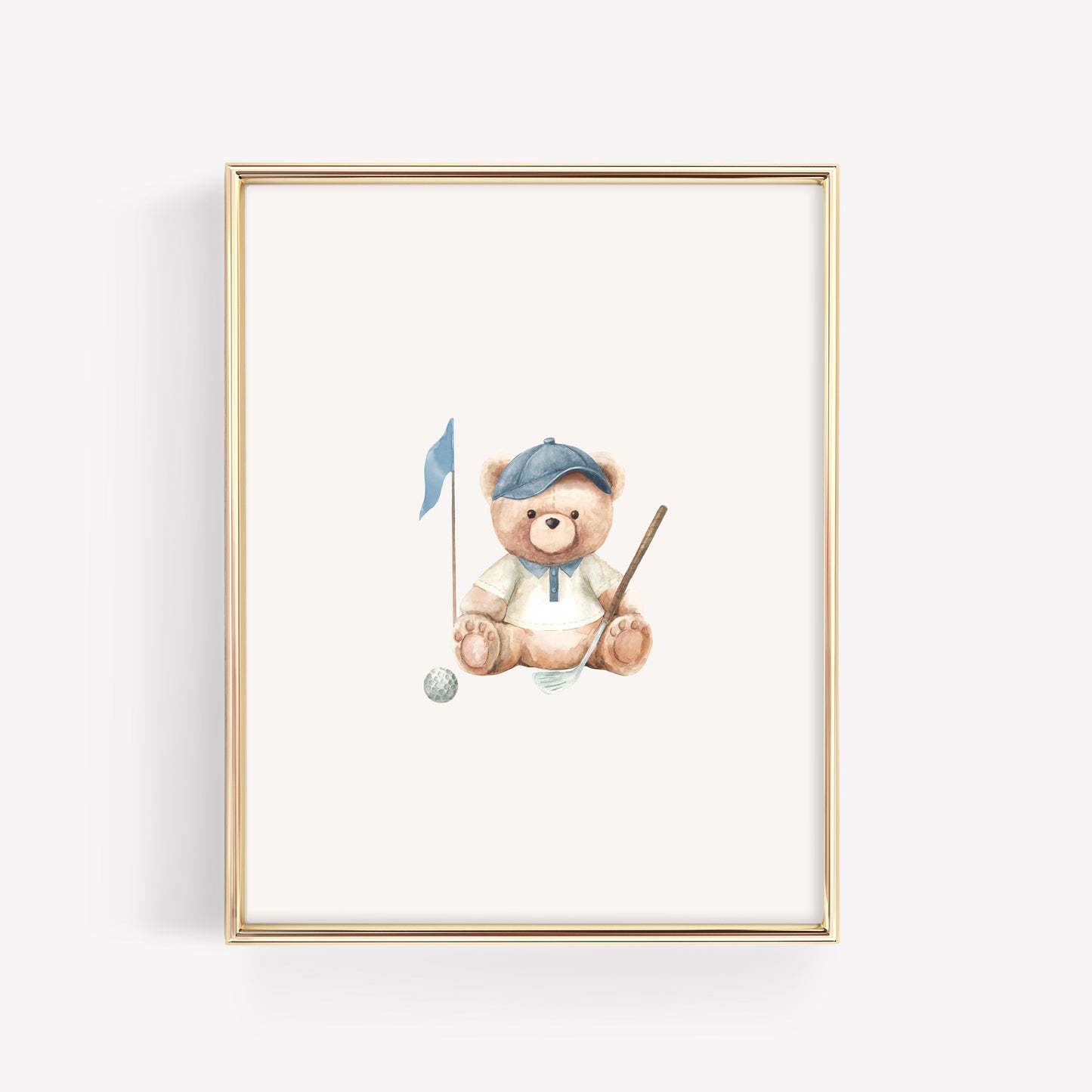 Single watercolor baby bear nursery print wearing a blue golf hat and holding a golf club. Whimsical sports wall art for a classic nursery.