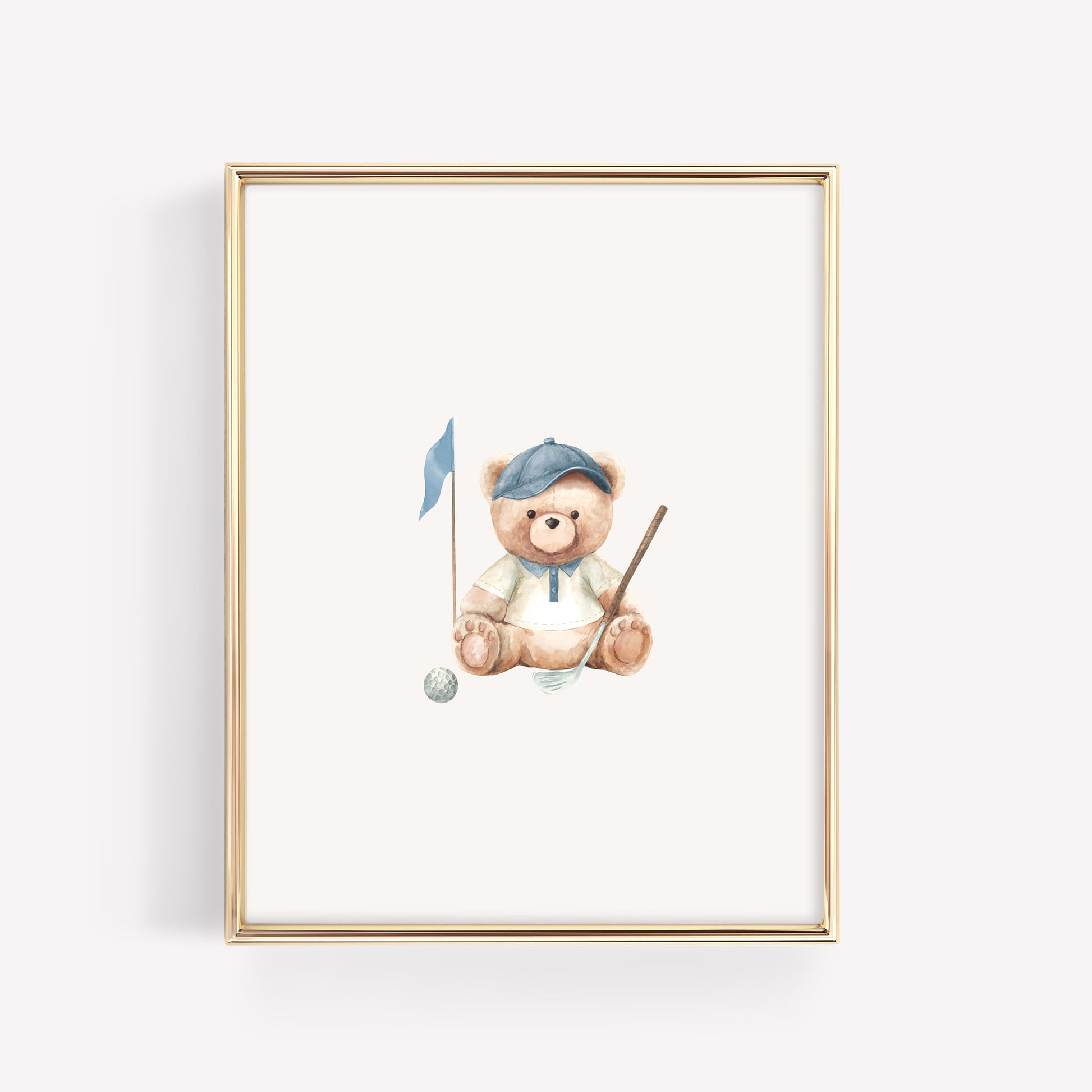 Single watercolor baby bear nursery print wearing a blue golf hat and holding a golf club. Whimsical sports wall art for a classic nursery.