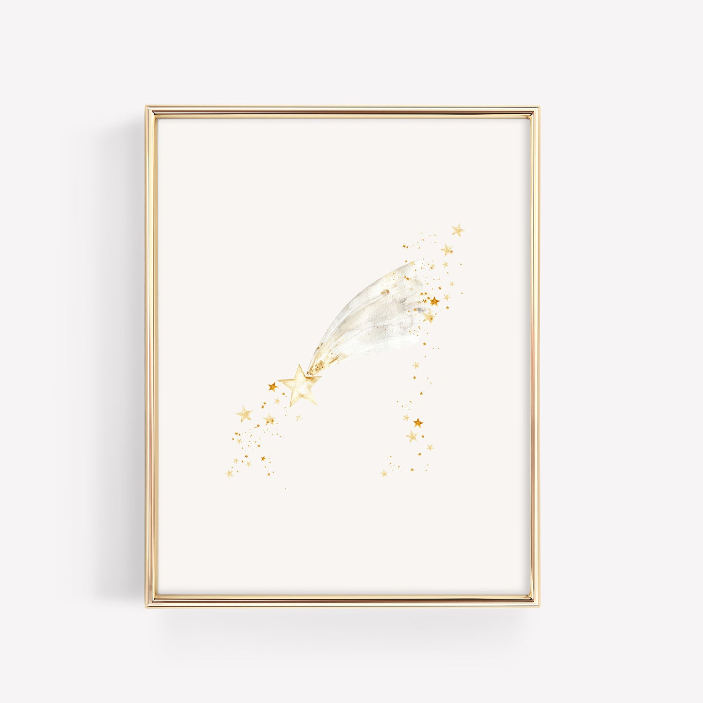 A whimsical shooting star with a soft, flowing trail and tiny surrounding stars, showcased in a metallic gold frame on a crisp white background.