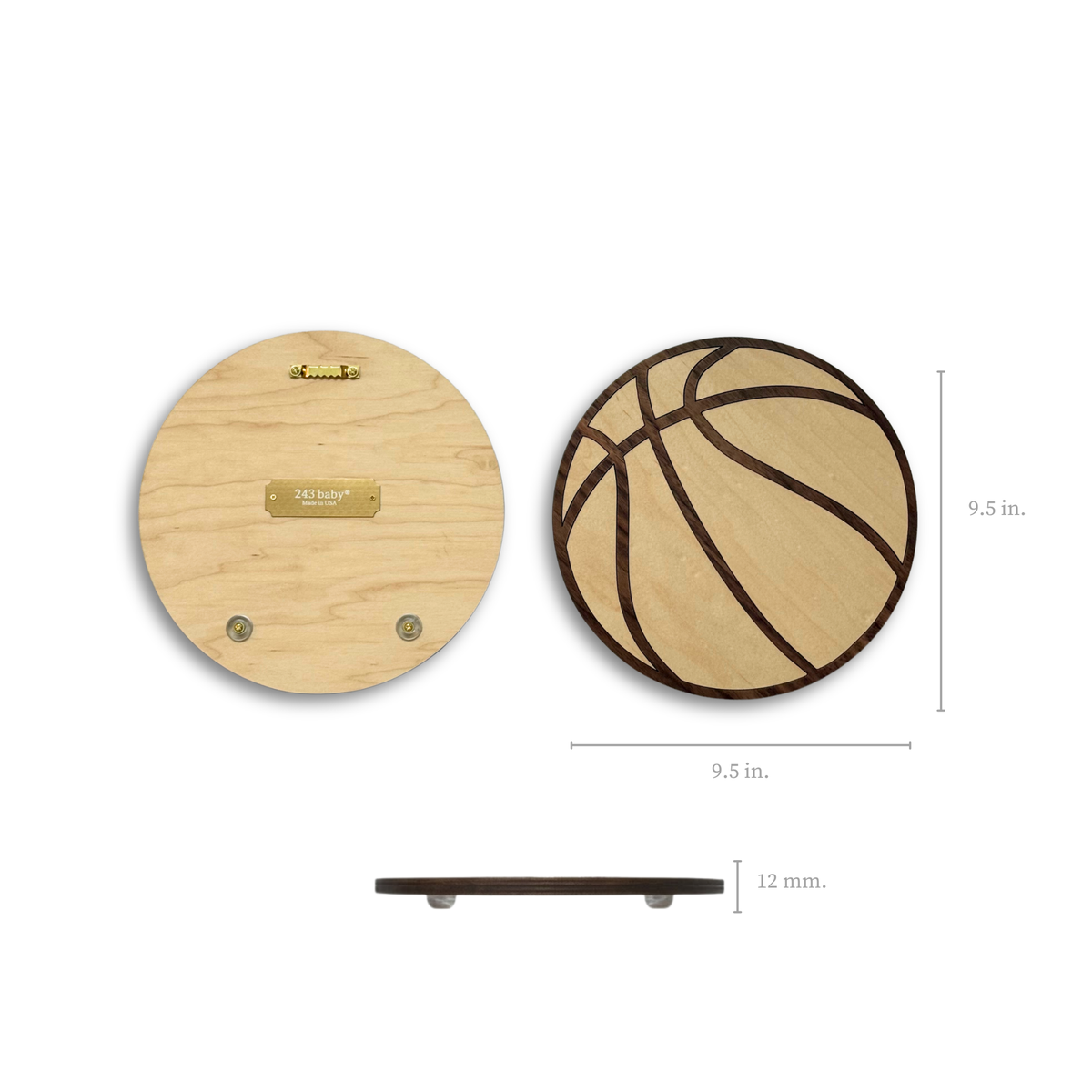 Dimension layout for 9.5-inch wooden basketball wall decor showing front, back with brass plate and hanger, and 9mm side profile thickness with clear bumpers.