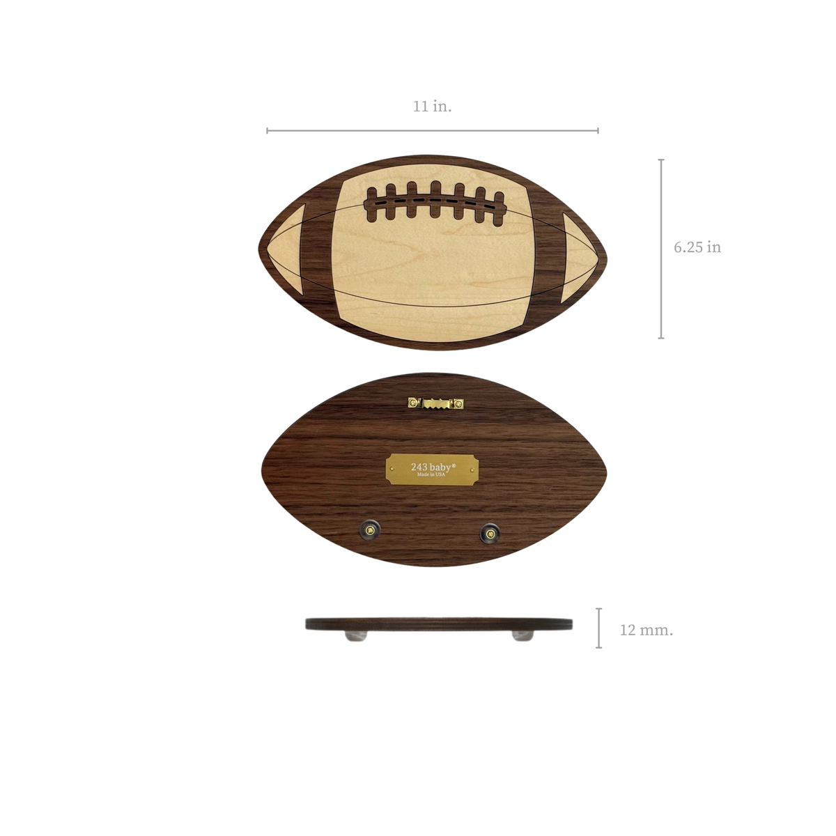 Dimensions schematic for handcrafted wooden football wall decor showing overall height and width, rear brass branding plate, hanger, and 9mm edge profile.