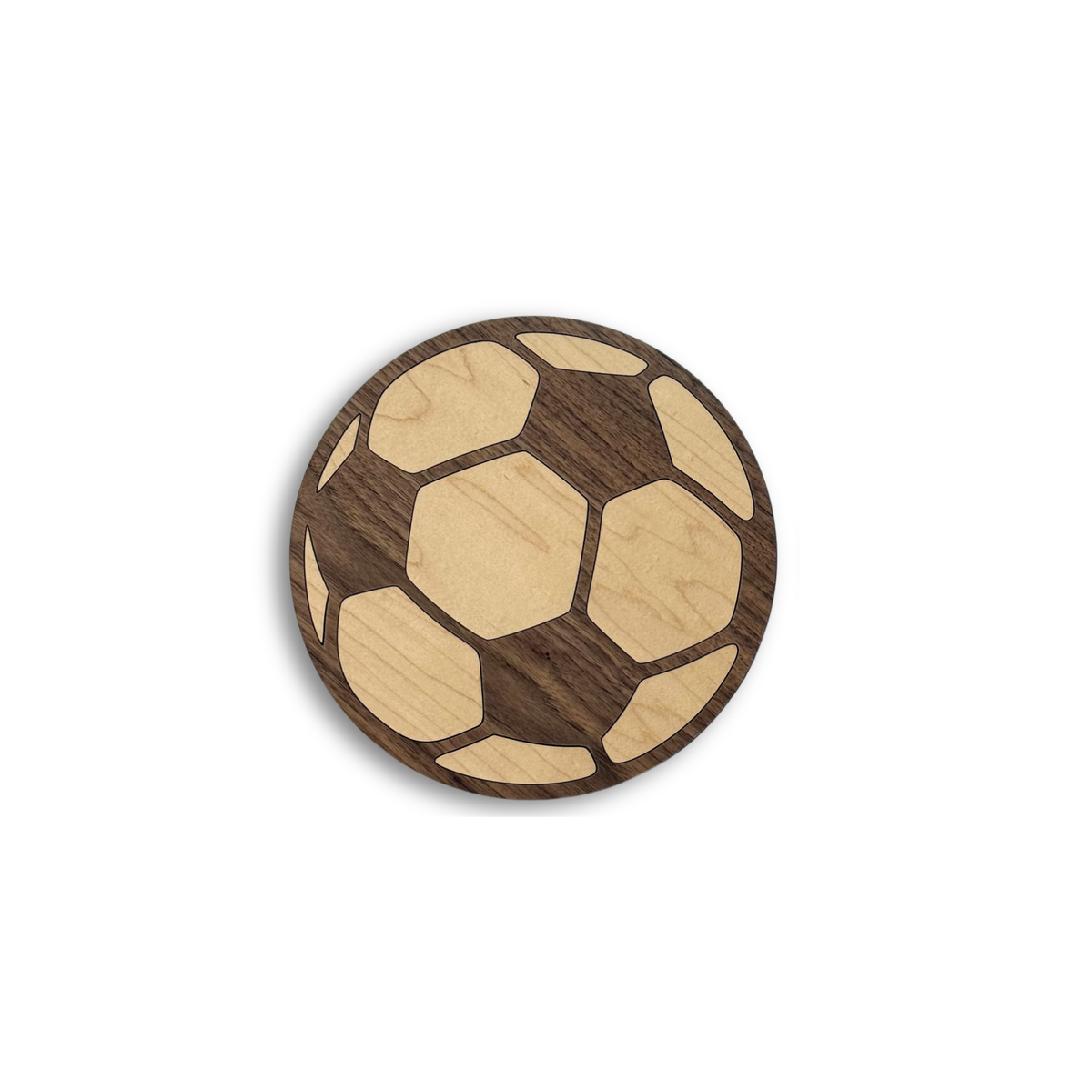 Front view of a 9.5-inch laser-cut wooden soccer ball wall decor sign with natural maple and dark walnut wood inlay for a sports-themed nursery or bedroom